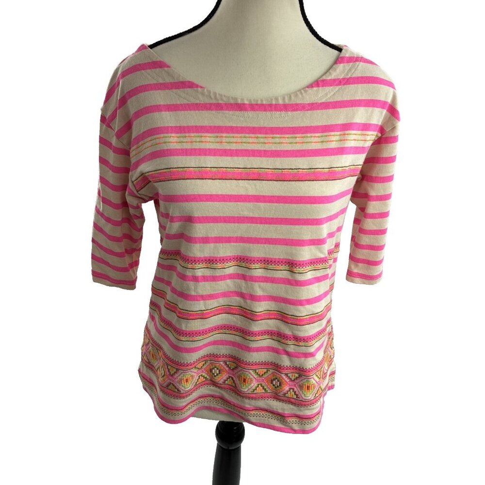 J Crew Top Womens S Pink Striped 3/4 Sleeve Boho Embroidered Hem Blouse